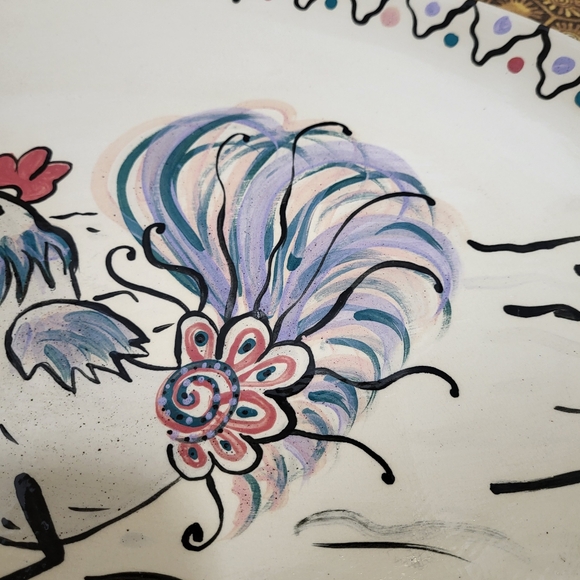 Hand Painted Oval Art Pottery Serving Platter Rooster - Picture 6 of 15